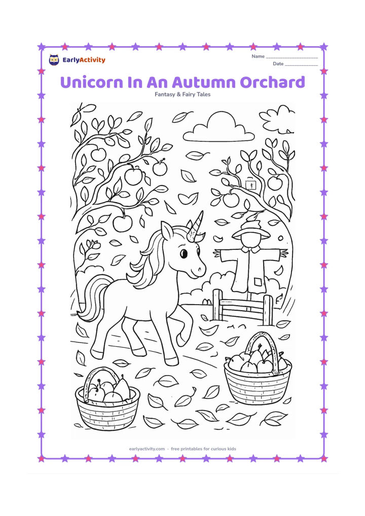 Colouring page: Draw one unicorn walking through an orchard in autumn, with curling fallen leaves, baskets of fruit, twisting branches, a scarecrow without a face, and a small wooden gate. Include a few…