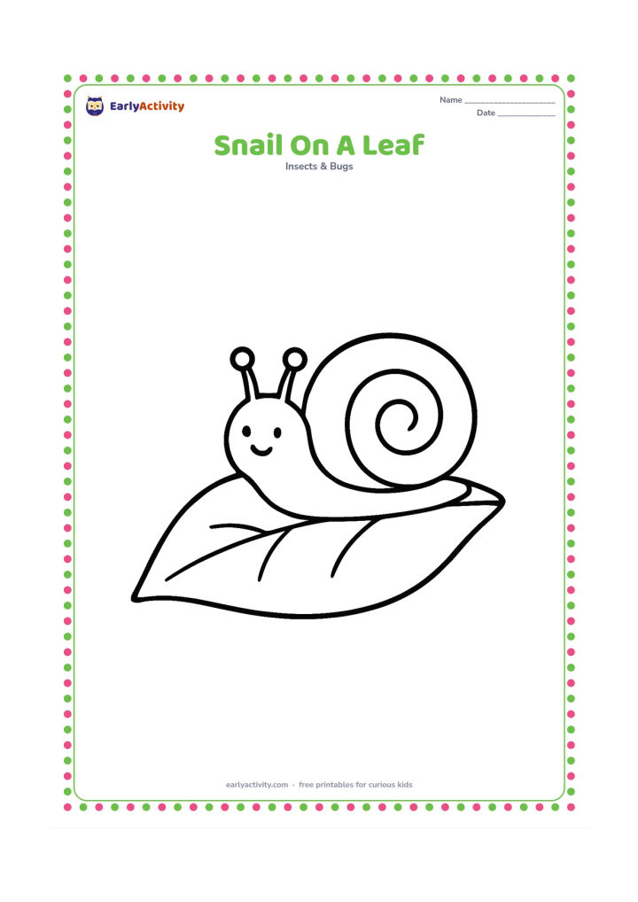 Colouring page: Draw one friendly snail crawling across a large broad leaf, with its shell fully visible and two feelers raised. Leave plenty of open space around the simple leaf and snail.