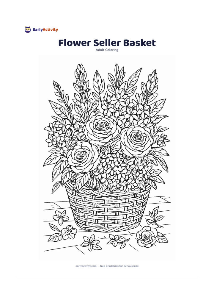 Colouring page: Show a large woven basket filled with jasmine strands, roses, tuberose, and leafy stems, as if prepared for a flower market. Include loose blossoms and a simple pavement edge, without…