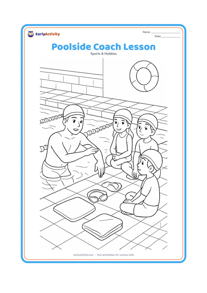 Colouring page: A coach demonstrates arm and leg movements for breaststroke to three children seated safely on the pool deck. Include a pool with lane ropes, a kickboard, goggles, towels, a lifebuoy and…