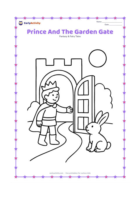 Colouring page: A prince opens a large arched gate into a castle garden while a friendly rabbit looks up at him. Include two large bushes, a path, and a round sun.
