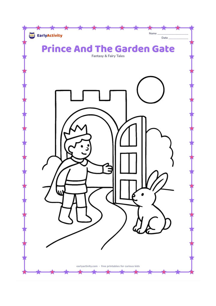Colouring page: A prince opens a large arched gate into a castle garden while a friendly rabbit looks up at him. Include two large bushes, a path, and a round sun.