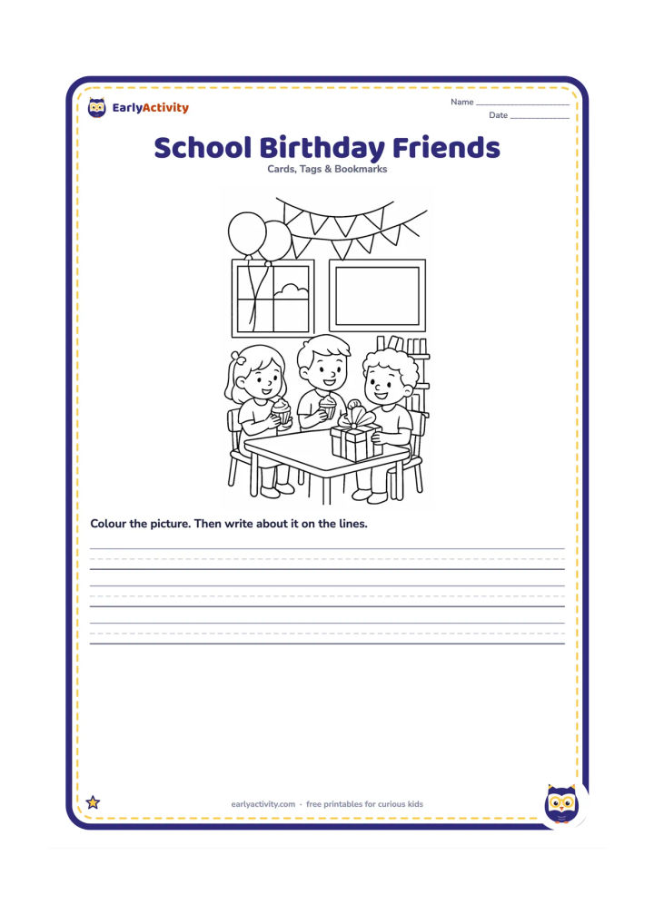 Worksheet: Draw three children at a classroom table sharing cupcakes and opening a present, with a few balloons tied to a chair. Include a window, bookshelf, paper streamers, and a completely blank…