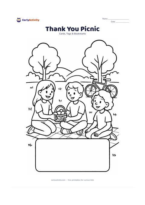 Worksheet: Three friends sit on a picnic blanket in a leafy park while one child offers a small basket of fruit to another, with a bicycle, trees and distant hills behind them. Include a large…
