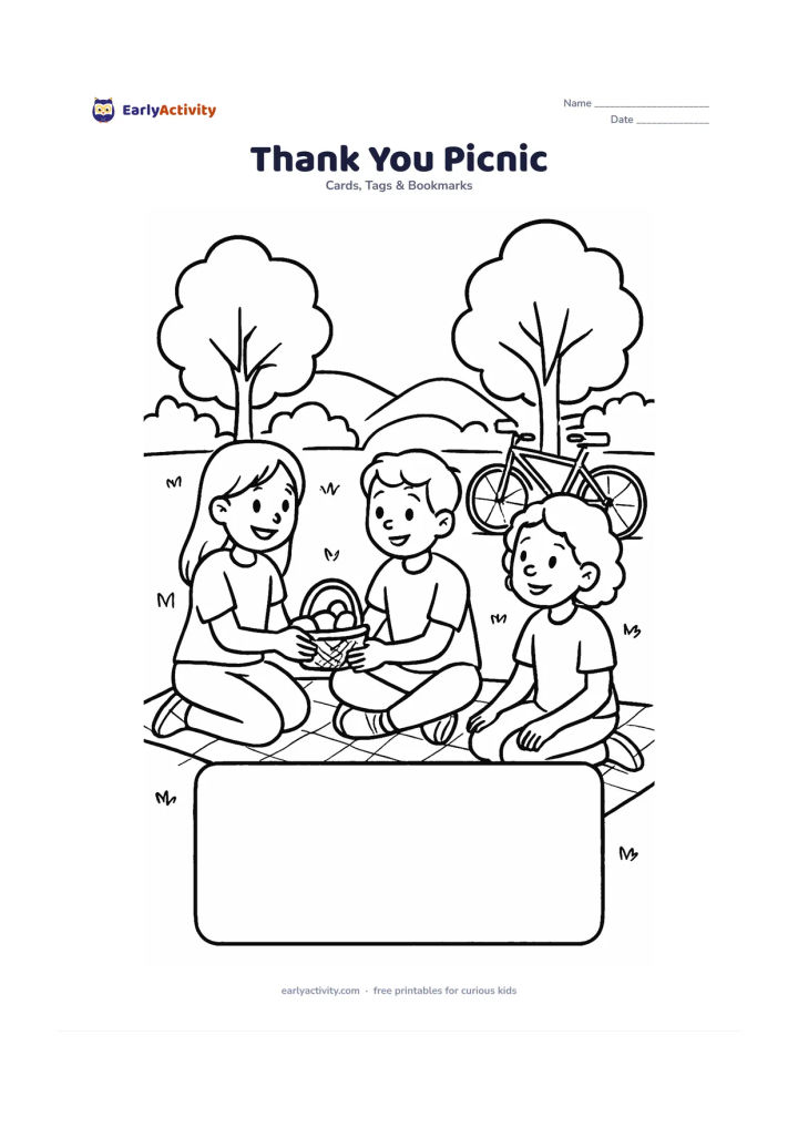 Worksheet: Three friends sit on a picnic blanket in a leafy park while one child offers a small basket of fruit to another, with a bicycle, trees and distant hills behind them. Include a large…