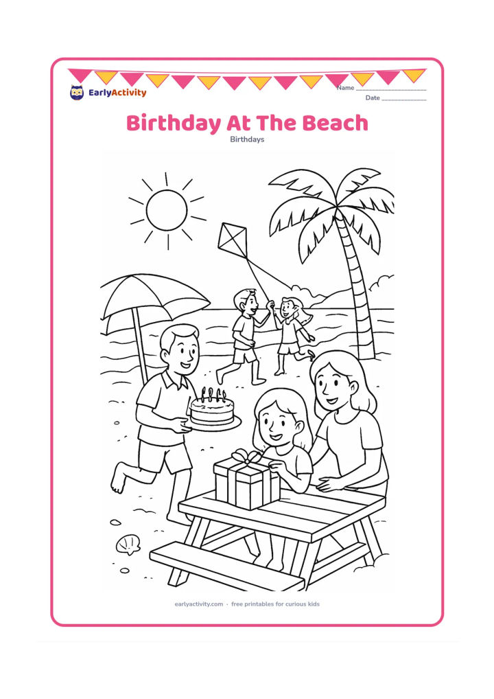 Colouring page: A family celebrates on a sunny beach with a child opening a gift beside a picnic table, friends flying a kite and an adult carrying a cake. Show waves, shells, a beach umbrella, coconut…
