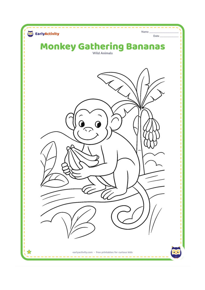 Colouring page: Draw one monkey crouching on a branch and gathering a small bunch of bananas into its arms. Include a banana plant, broad leaves and a distant hill.