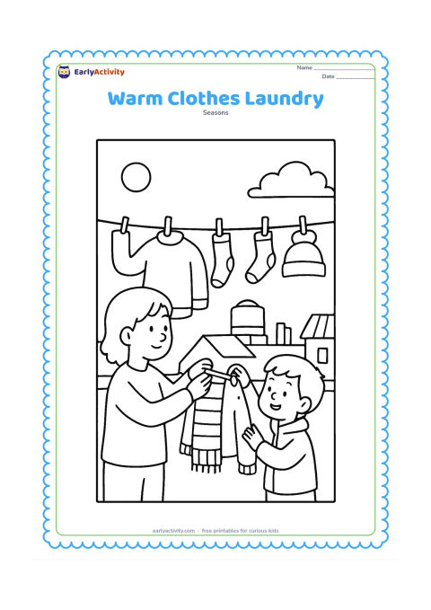 Colouring page: A parent and child hang winter clothes on a rooftop clothesline, including a sweater, scarf, socks and cap. Show neighbouring rooftops, a water tank and a clear winter sky in the background.