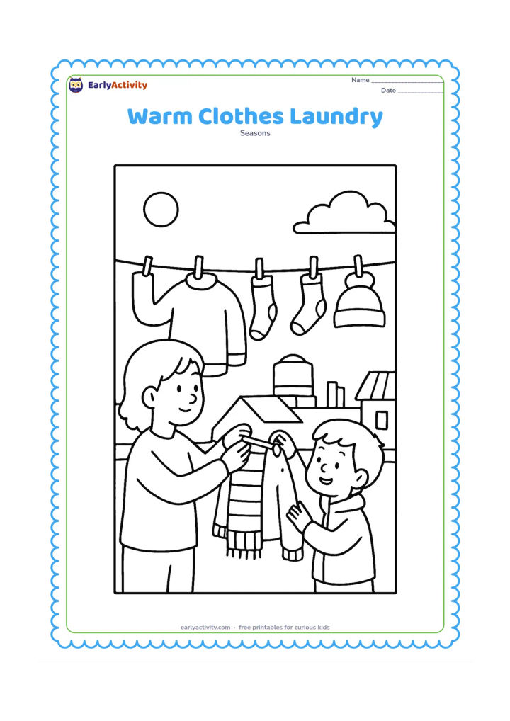 Colouring page: A parent and child hang winter clothes on a rooftop clothesline, including a sweater, scarf, socks and cap. Show neighbouring rooftops, a water tank and a clear winter sky in the background.