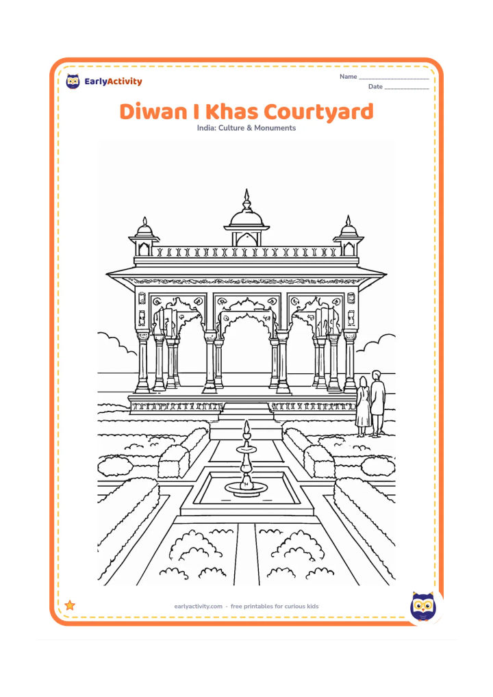 Colouring page: Draw the Red Fort's Diwan-i-Khas as a detailed open pavilion with slender columns, arches, a decorated roofline and a formal courtyard garden. Include a fountain, clipped hedges and two…