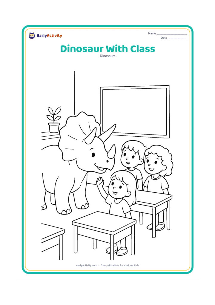 Colouring page: In a simple classroom, a friendly Triceratops stands beside three children who observe its horns and frill. Show desks, a blank board and a few plant pots, with no writing anywhere.