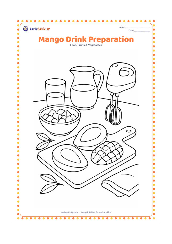 Colouring page: Show a kitchen counter with mango halves, a cutting board, a bowl of pieces, a tall glass, a jug and a hand mixer, with leaves and a cloth nearby.