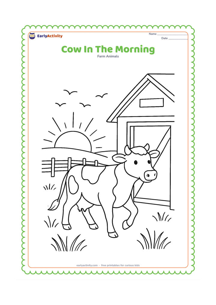Colouring page: A cow walks out of a barn at sunrise, with a low sun, three birds in the sky, long grass, and a fence leading into the distance. Show the cow in a gentle side-step pose.