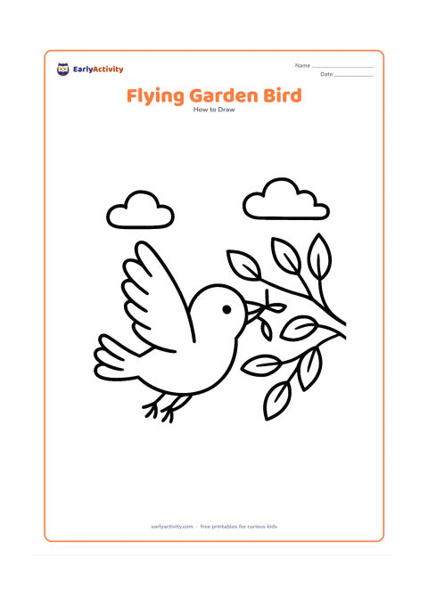 Worksheet: A garden bird flies diagonally upward with one wing raised and the other partly visible, carrying a small twig toward a leafy tree. Include a rounded body, pointed beak, layered tail and…