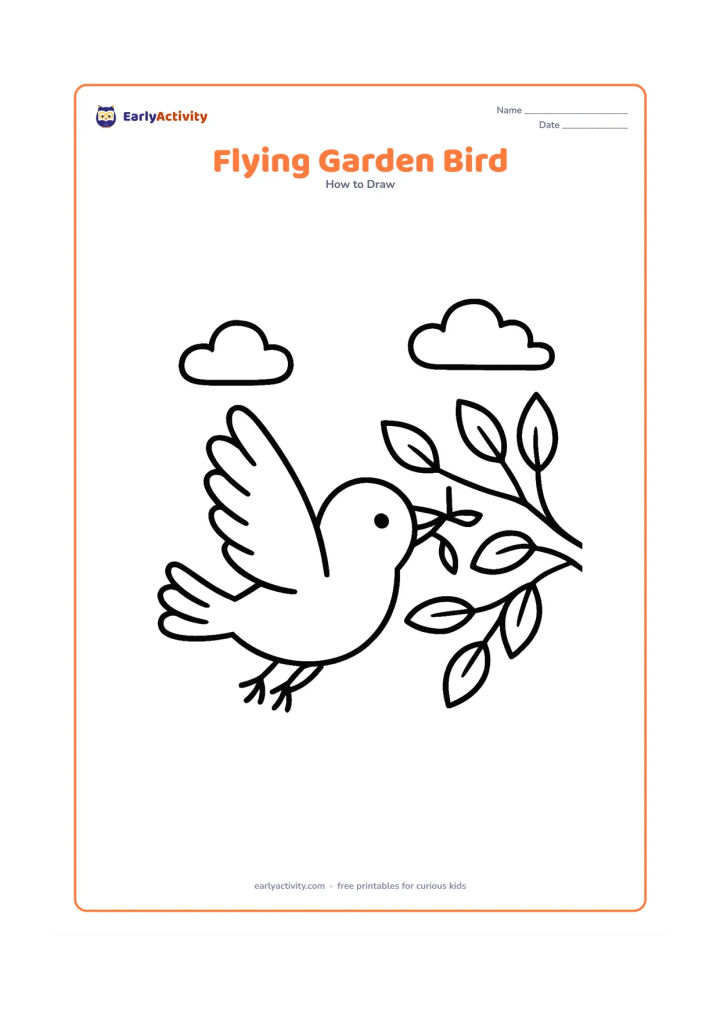 Worksheet: A garden bird flies diagonally upward with one wing raised and the other partly visible, carrying a small twig toward a leafy tree. Include a rounded body, pointed beak, layered tail and…