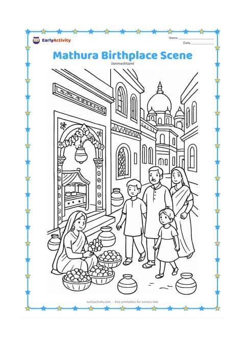 Colouring page: Draw a peaceful historic-style Mathura street prepared for Janmashtami, with a decorated home entrance, cradle visible inside, flower sellers, clay pots, and families walking along the…