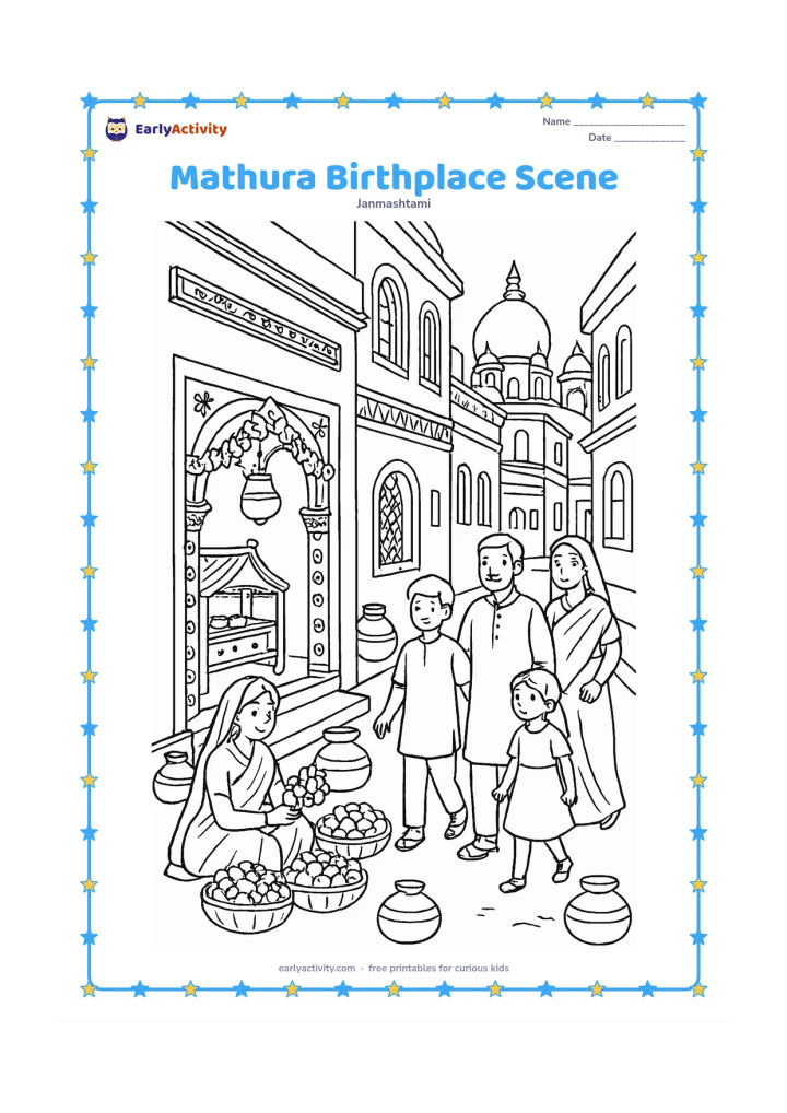 Colouring page: Draw a peaceful historic-style Mathura street prepared for Janmashtami, with a decorated home entrance, cradle visible inside, flower sellers, clay pots, and families walking along the…