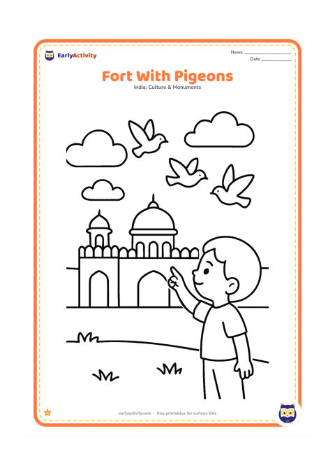 Colouring page: Show the Red Fort wall and domed gate with three simple pigeons flying above it and a child pointing upward. Add a few broad clouds and a low grassy foreground.