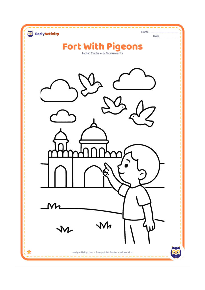 Colouring page: Show the Red Fort wall and domed gate with three simple pigeons flying above it and a child pointing upward. Add a few broad clouds and a low grassy foreground.