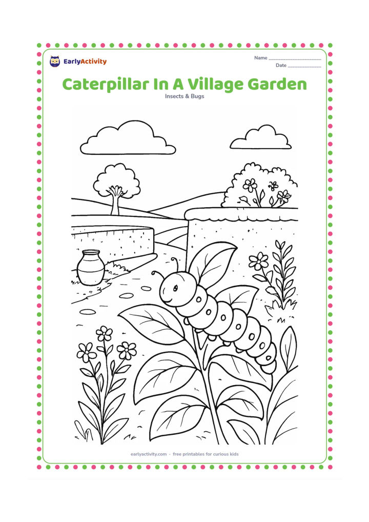 Colouring page: Draw a caterpillar resting on a leafy plant beside an Indian village garden path, with a low mud-plastered wall, a clay pot, flowering plants, and a distant tree. Keep the setting…