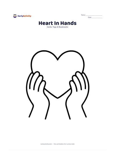 Worksheet: Two simple hands gently hold a large heart in the centre of the card, with a broad empty space underneath for a child's message. Use rounded fingers and a calm, friendly composition.