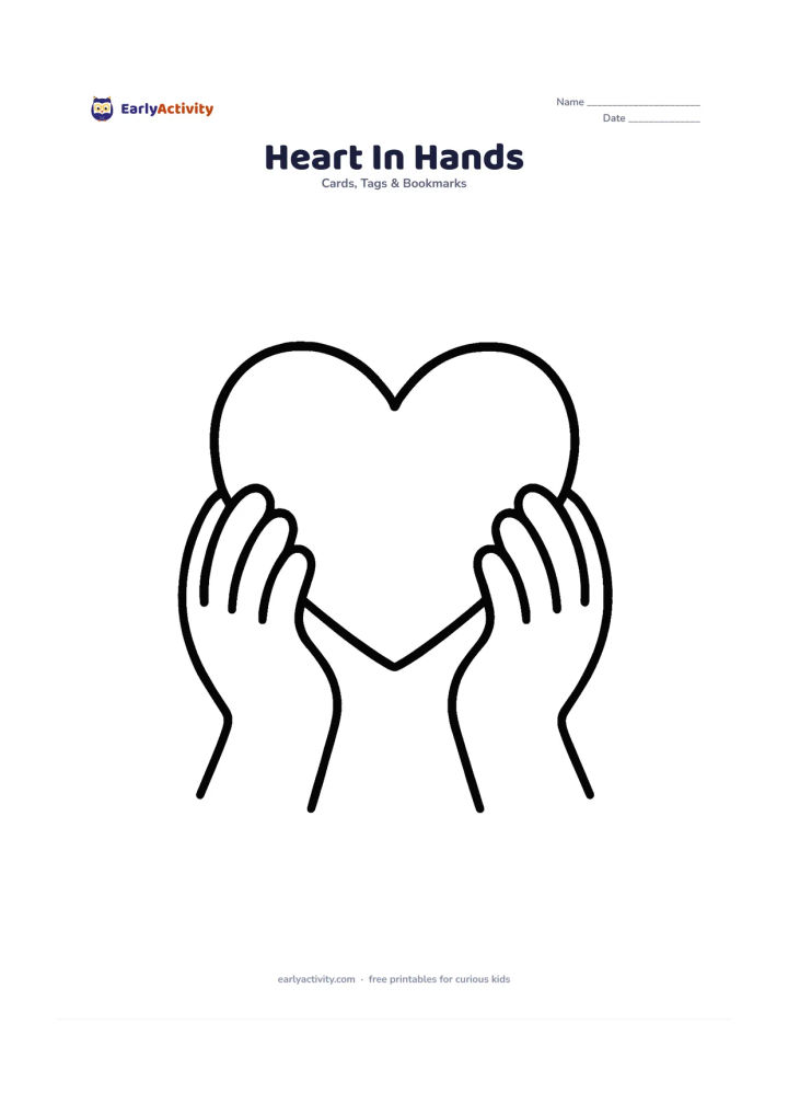 Worksheet: Two simple hands gently hold a large heart in the centre of the card, with a broad empty space underneath for a child's message. Use rounded fingers and a calm, friendly composition.