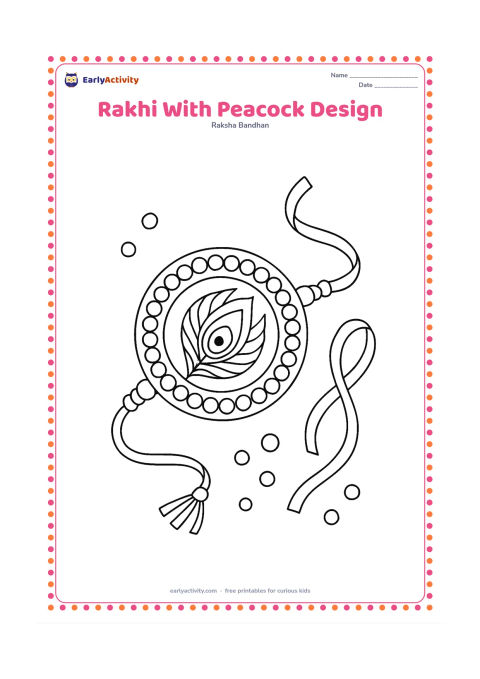 Colouring page: A large circular rakhi has a central peacock feather motif, surrounding beads, and two long decorative threads. Place it beside loose beads and ribbon on a craft table.