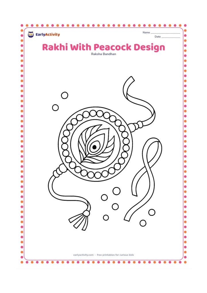 Colouring page: A large circular rakhi has a central peacock feather motif, surrounding beads, and two long decorative threads. Place it beside loose beads and ribbon on a craft table.