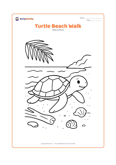 Worksheet: Draw a sea turtle moving from the water onto a sandy beach, with one flipper lifted and gentle waves behind its shell. Add a palm leaf, driftwood, shells and a distant rocky shore.