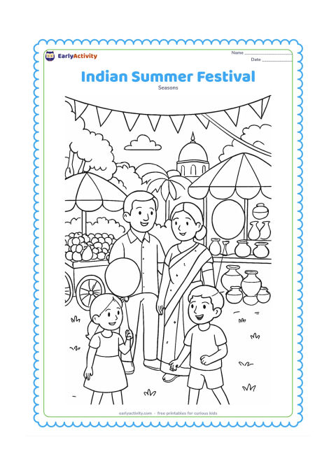 Colouring page: Draw a family enjoying a daytime summer fair in an Indian town, with children carrying balloons near stalls of fruit and clay pots. Include bunting without symbols, umbrellas, trees, a…
