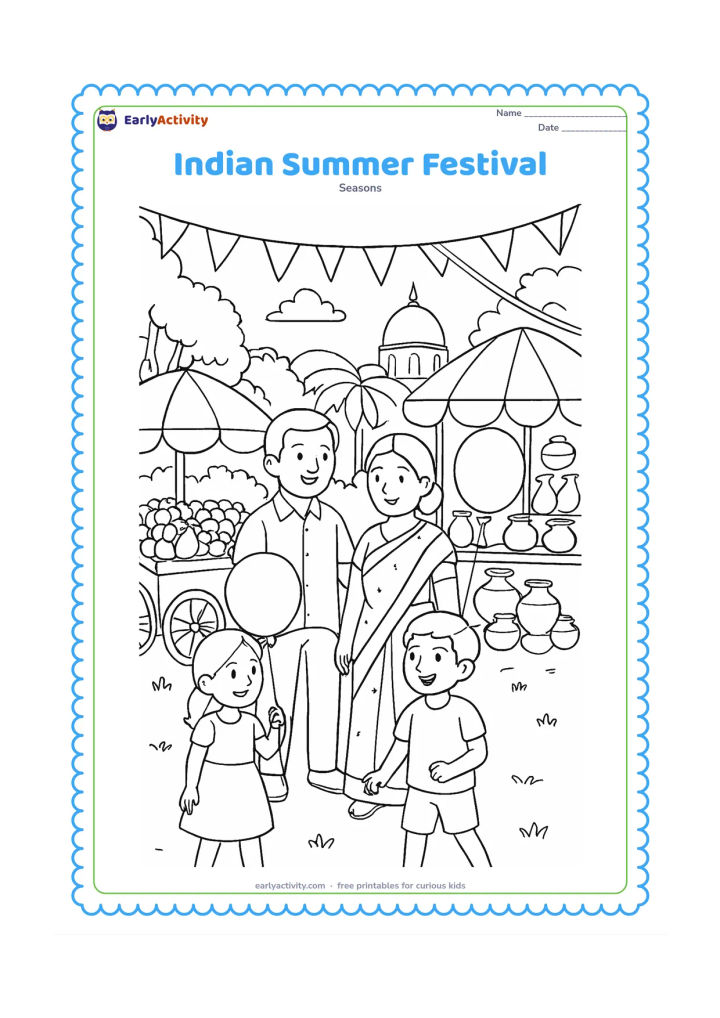 Colouring page: Draw a family enjoying a daytime summer fair in an Indian town, with children carrying balloons near stalls of fruit and clay pots. Include bunting without symbols, umbrellas, trees, a…