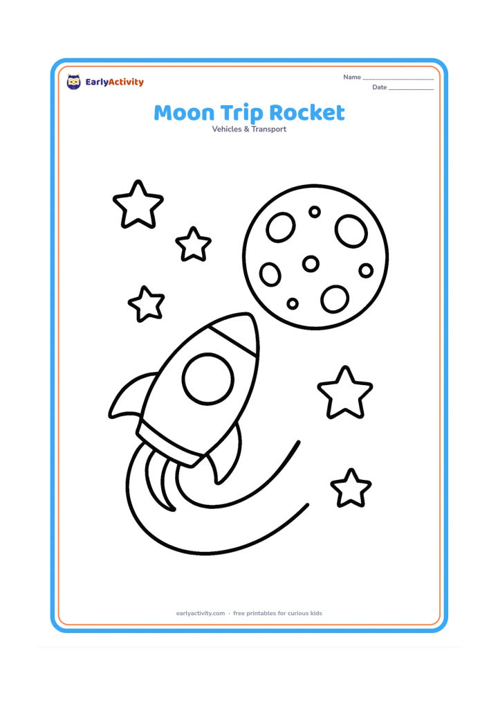 Colouring page: Draw a big rocket travelling toward a large cratered Moon, with a curved trail behind it and only a few large stars.