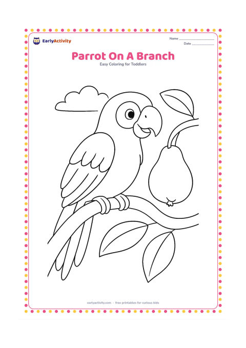 Colouring page: A friendly parrot perches on a curved tree branch, turning its head toward a guava hanging nearby. Add two large leaves and a small patch of sky.