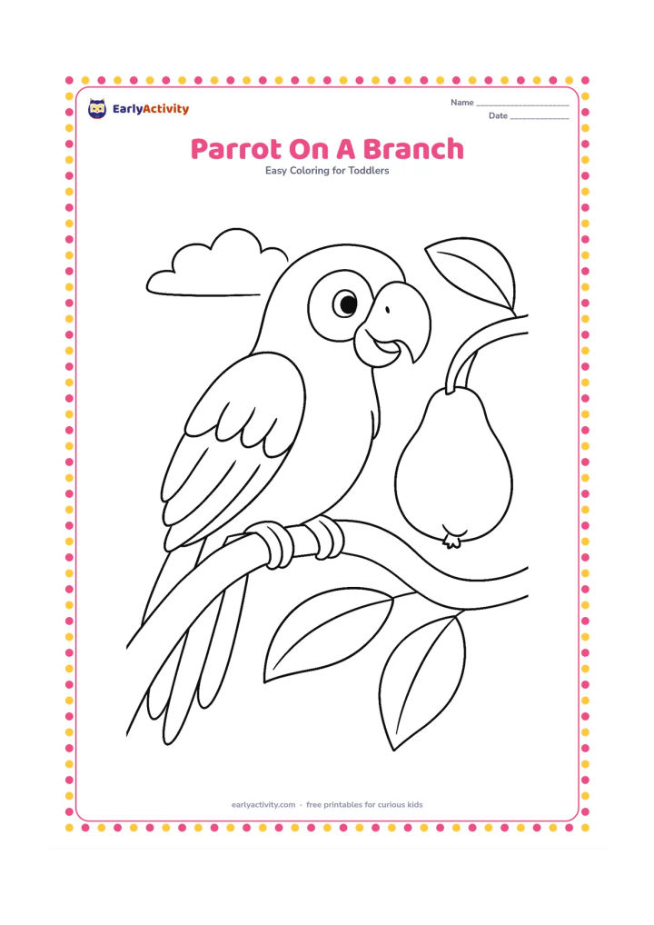 Colouring page: A friendly parrot perches on a curved tree branch, turning its head toward a guava hanging nearby. Add two large leaves and a small patch of sky.