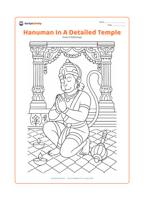 Colouring page: Hanuman kneels with folded hands inside an ornate Indian temple, with his gada placed beside him. Surround him with carved-looking pillars, flower garlands, diyas, a stepped platform,…