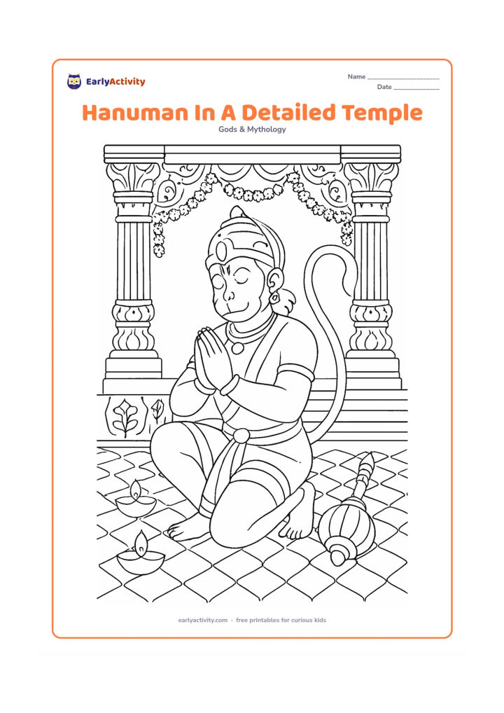 Colouring page: Hanuman kneels with folded hands inside an ornate Indian temple, with his gada placed beside him. Surround him with carved-looking pillars, flower garlands, diyas, a stepped platform,…