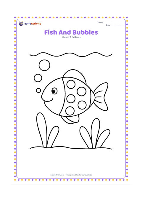 Colouring page: Draw one friendly fish swimming through a simple pond, with its body covered in repeating large circles and stripes. Add three big bubbles, a wavy water line, and two broad water plants.