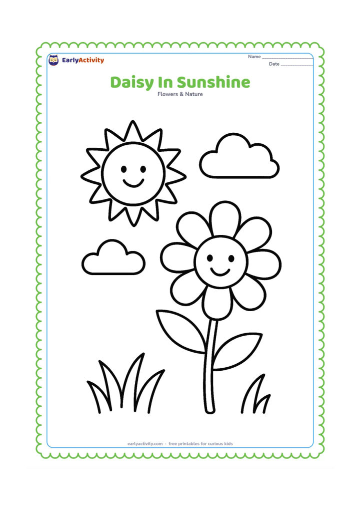 Colouring page: Draw a large daisy standing in a meadow beneath a smiling sun with broad rays and two soft clouds. Add a few wide blades of grass at the bottom.