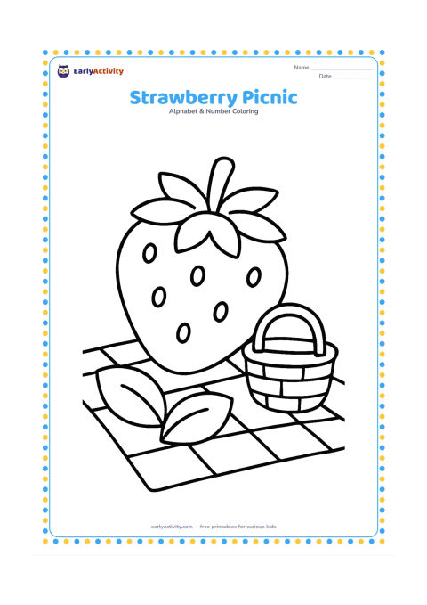 Colouring page: One oversized strawberry with a leafy top sits on a picnic cloth beside a small basket and two broad leaves. Use a simple rounded composition with only a few large strawberry seeds.