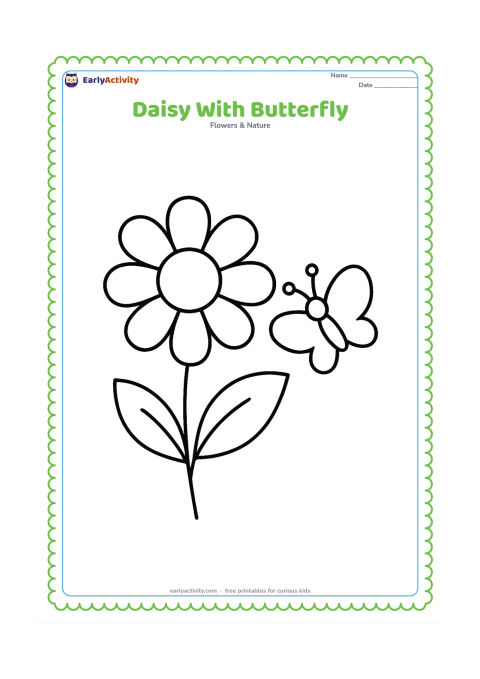 Colouring page: Draw one big daisy with broad rounded petals and a simple butterfly hovering beside it. Add one curved stem and two large leaves.