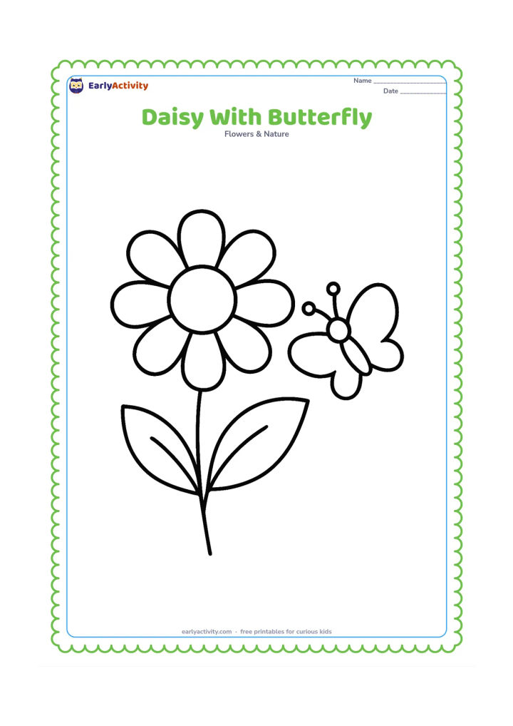 Colouring page: Draw one big daisy with broad rounded petals and a simple butterfly hovering beside it. Add one curved stem and two large leaves.
