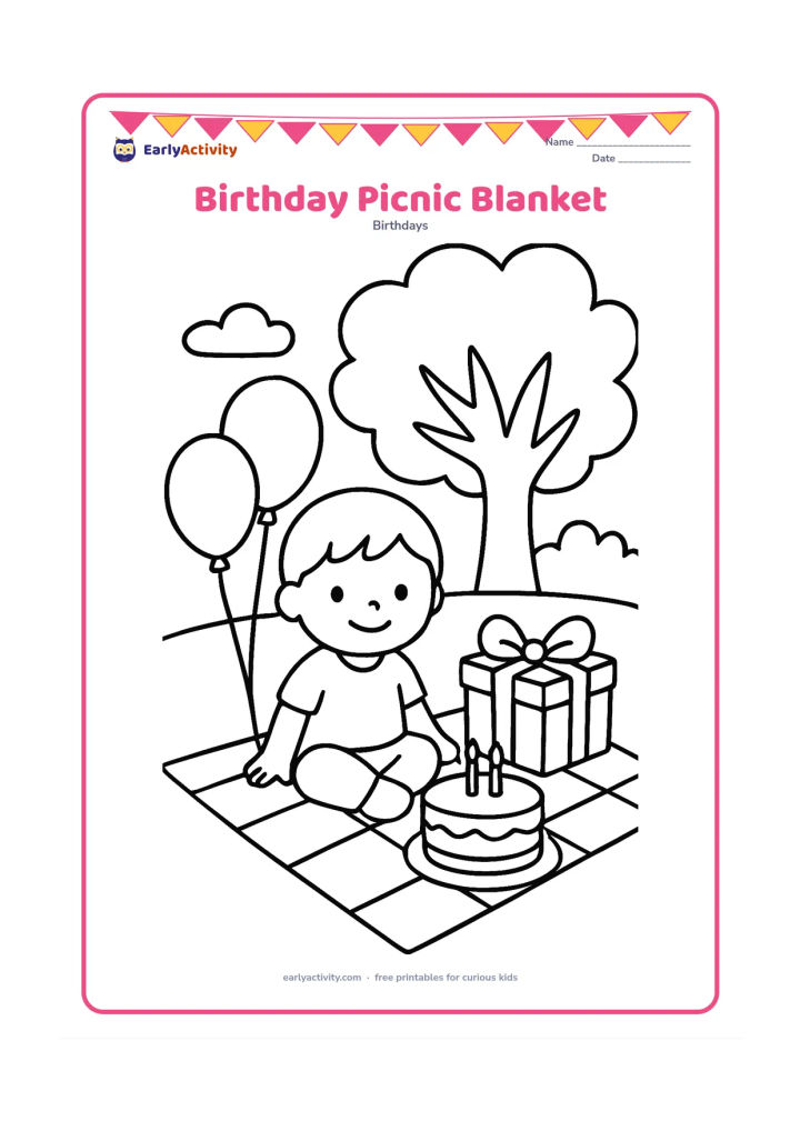 Colouring page: A child sits on a picnic blanket beside a cake, a wrapped present, and two large balloons. Add a tree with broad leaves and a few simple clouds behind the blanket.