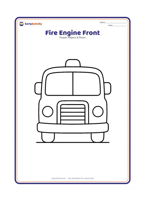Colouring page: Draw the front view of a friendly fire engine with two large headlights, a wide grille, a roof light and a simple windshield. Show the vehicle parked on a short ground line.
