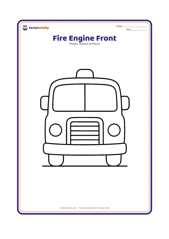 Colouring page: Draw the front view of a friendly fire engine with two large headlights, a wide grille, a roof light and a simple windshield. Show the vehicle parked on a short ground line.