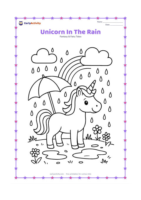 Colouring page: Draw one unicorn standing happily in a meadow during a gentle shower, with a large umbrella nearby, raindrops, puddles, flowers, and a rainbow appearing behind the clouds.