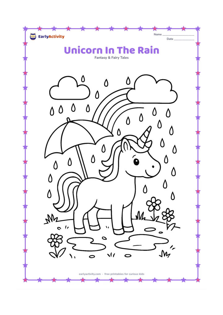Colouring page: Draw one unicorn standing happily in a meadow during a gentle shower, with a large umbrella nearby, raindrops, puddles, flowers, and a rainbow appearing behind the clouds.