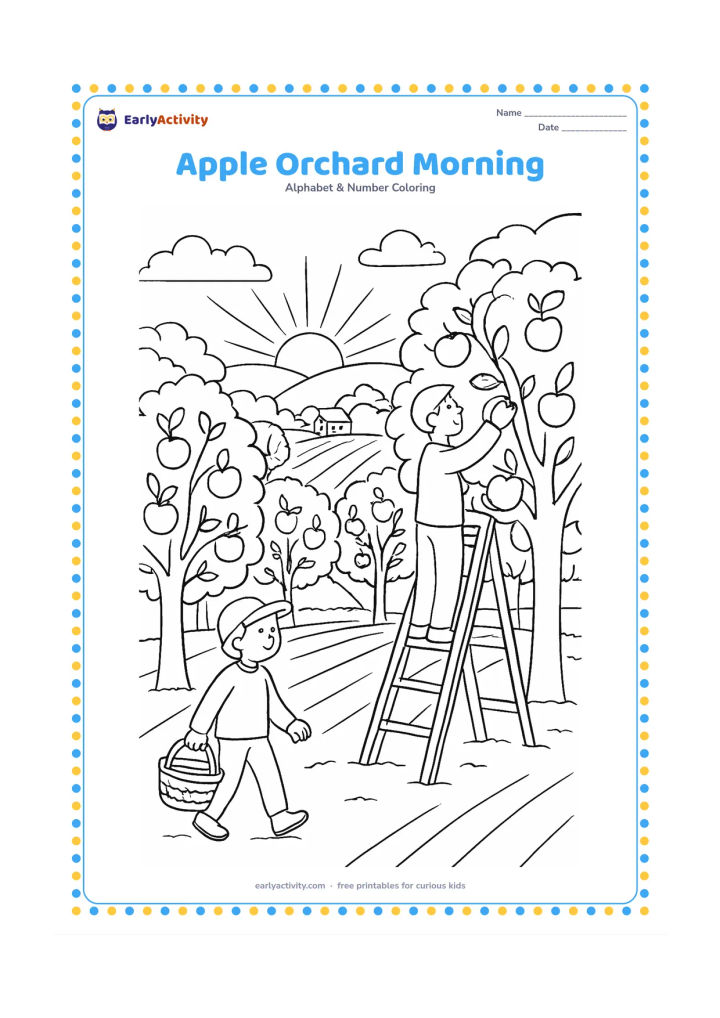 Colouring page: Draw a detailed orchard scene at sunrise, with rows of apple trees, a child carrying a woven basket, and an adult reaching for apples from a ladder. Add long shadows, hills, and a small…