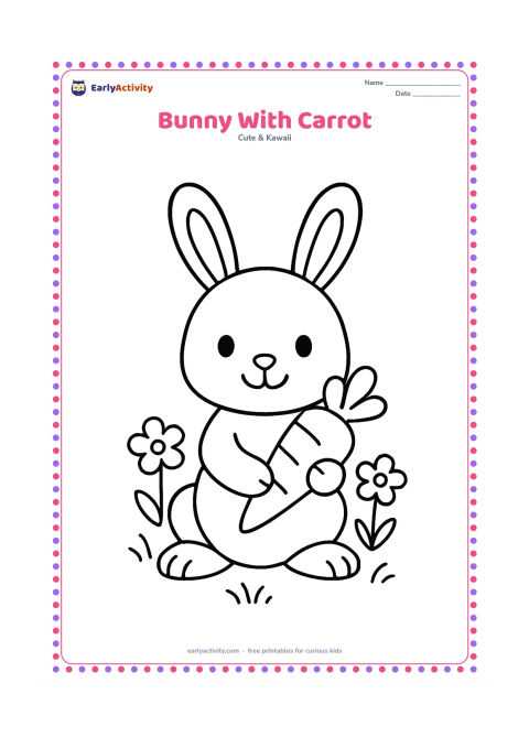 Colouring page: A friendly seated rabbit holds one large carrot between its paws. Add two simple flowers and a small grassy patch around its feet, leaving the ears, face and carrot easy to colour.