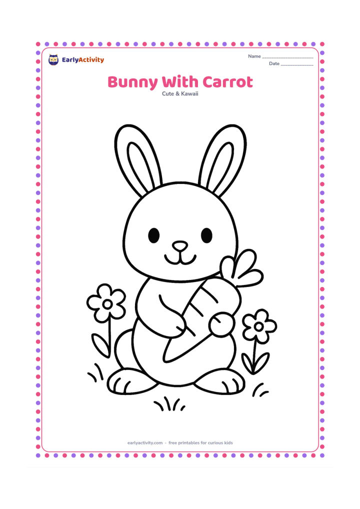 Colouring page: A friendly seated rabbit holds one large carrot between its paws. Add two simple flowers and a small grassy patch around its feet, leaving the ears, face and carrot easy to colour.