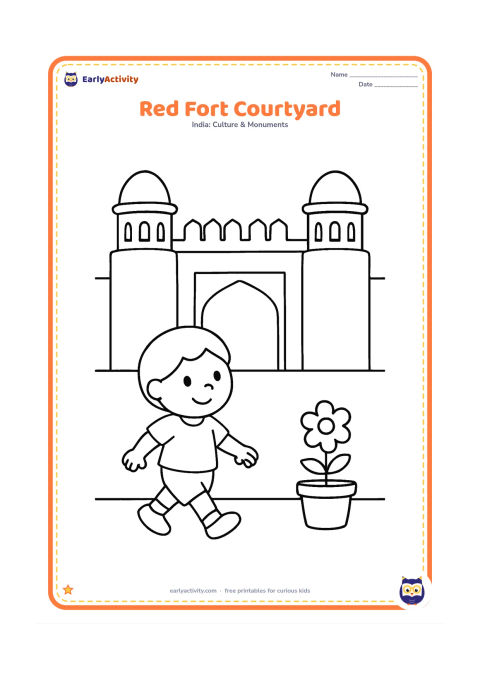 Colouring page: Show the Red Fort entrance with its tall central gateway, simple red-stone walls and two rounded turrets. Place a child walking through the open courtyard with a small flower pot nearby.